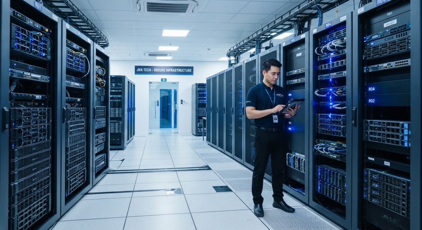 Modern enterprise server room with sleek high-tech server racks and glowing blue indicators — secure on-premise IT infrastructure
